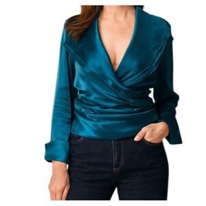 CACHET WOMEN'S Shimmery Elegant Old Money‎ Deep V-Neck Teal Blue Green Blouse 14
